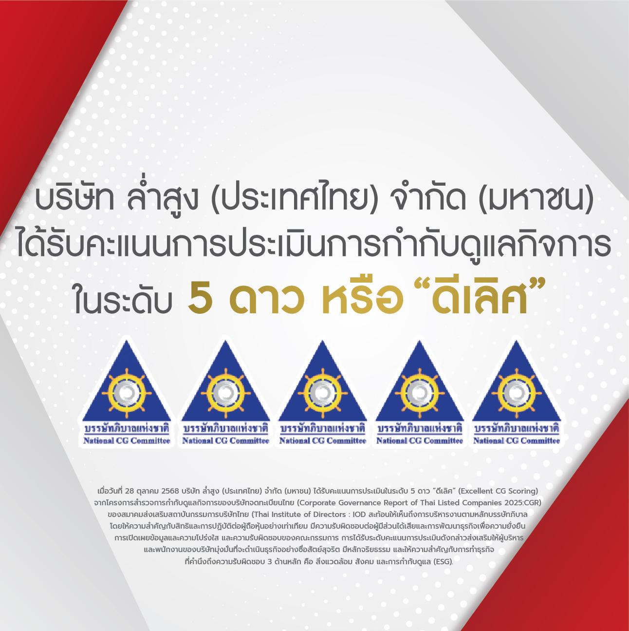 รางวัล 5 ดาว หรือ ดีเลิศ จากโครงการประเมินการกำกับดูแลกิจการ ประจำปี 2568